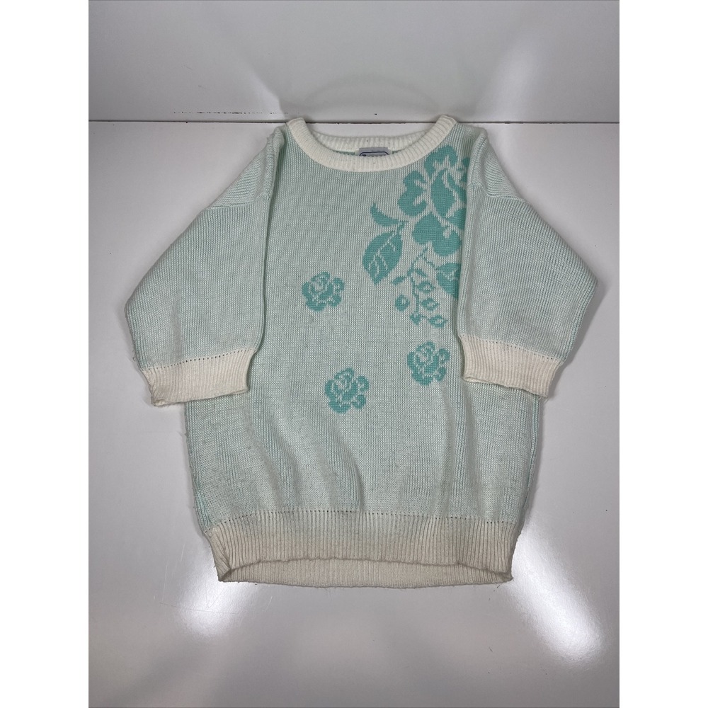 Vintage Brunny 80s‎ Pale Blue White Floral Short Sleeve Sweater Womens Medium